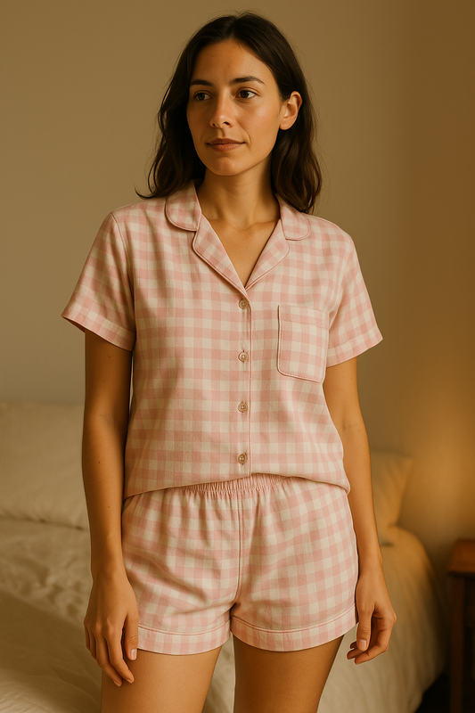 Short Camisa / Algodón cuadros rosa